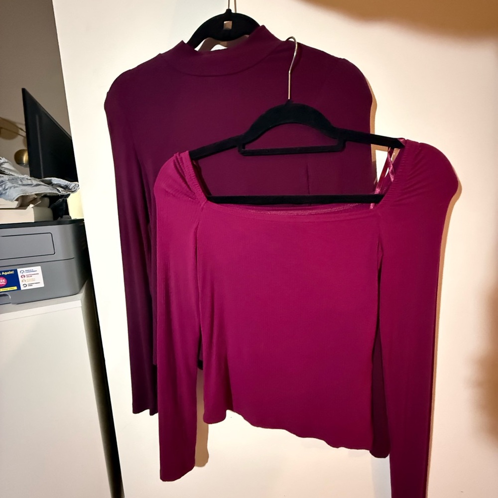 2 Banana Republic (burgundy and magenta) Long Sleeve ribbed stretch blouses
